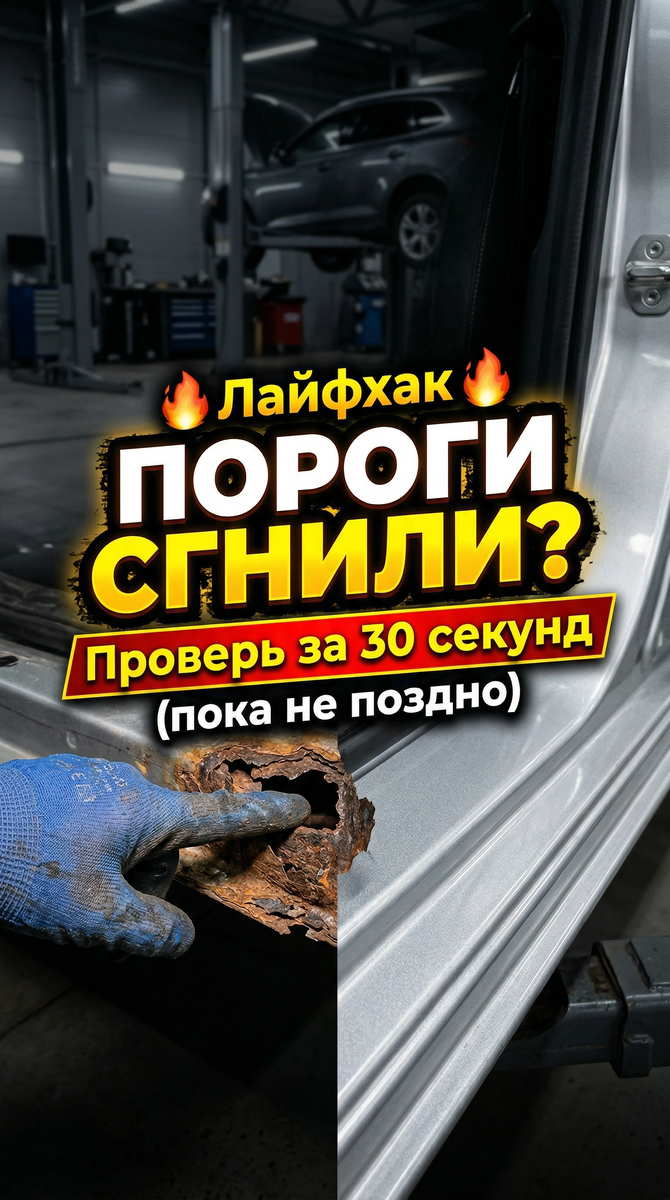 🚨 Пороги сгнили? Проверь (пока не поздно):
-Многие думают, что если пороги можно просто покрасить — значит всё нормально.
На практике это одна из самых частых ошибок: 
ржавчина почти всегда начинается изнутри, и снаружи ты видишь только верхушку проблемы.

Разберёмся, как быстро понять — косметика или уже нужен серьёзный кузовной ремонт.

🔍 1. Магнит — самый быстрый тест.
Просто приложи магнит к порогу:
🔸Держится слабо или не держится → под краской шпаклёвка
🔸Держится уверенно → есть шанс, что металл жив
📌 Часто гниль «маскируют», выравнивая поверхность шпаклёвкой перед продажей

🔊 2. Простукивание
Постучи по порогу:
🔸Звонкий звук → металл норм
🔸Глухой / пустой → внутри уже коррозия или полости

✋ 3. Надавливание
Аккуратно надави рукой:
-Жёстко → ок
-Прогибается → металл уже ослаблен

🔦 4. Осмотр снизу
Обязательно загляни под машину:
-вздутия
-отслоения
-рыхлая ржавчина
-следы герметика
❗Если это есть — покрас не решит проблему

🕳 5. Дренажные отверстия
Внизу порогов есть отверстия:
🔸если оттуда сыпется ржавчина — внутри уже всё плохо

⚠️ Когда красить — бесполезно
Не трать деньги на покрас, если:
-есть сквозная ржавчина
-металл мягкий
-порог «играет» при нажатии,
внутри уже сыпется коррозия

👉 В этом случае только:
-переварка
-или замена порогов

💡 Запомни простое правило:
Если ты видишь ржавчину снаружи — внутри обычно хуже в несколько раз.

Если сомневаешься — лучше проверить сейчас, чем потом платить за полный кузовной ремонт.