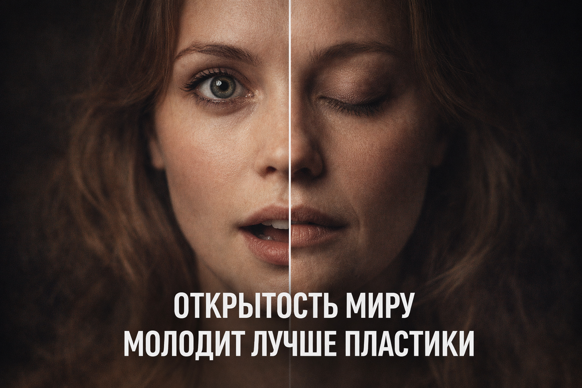 Женское лицо, разделённое на две половины: одна — открытая и живая, другая — закрытая и уставшая.\