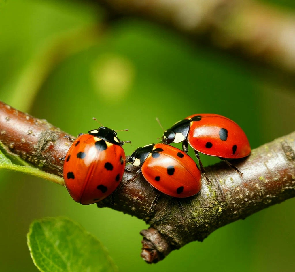 Божьи коровки на веточке яблони
