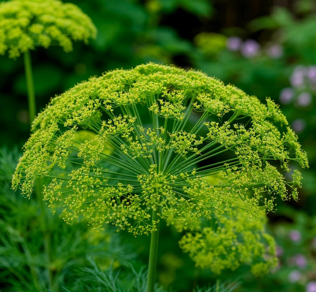 Цветущие зонтики укропа на грядке
