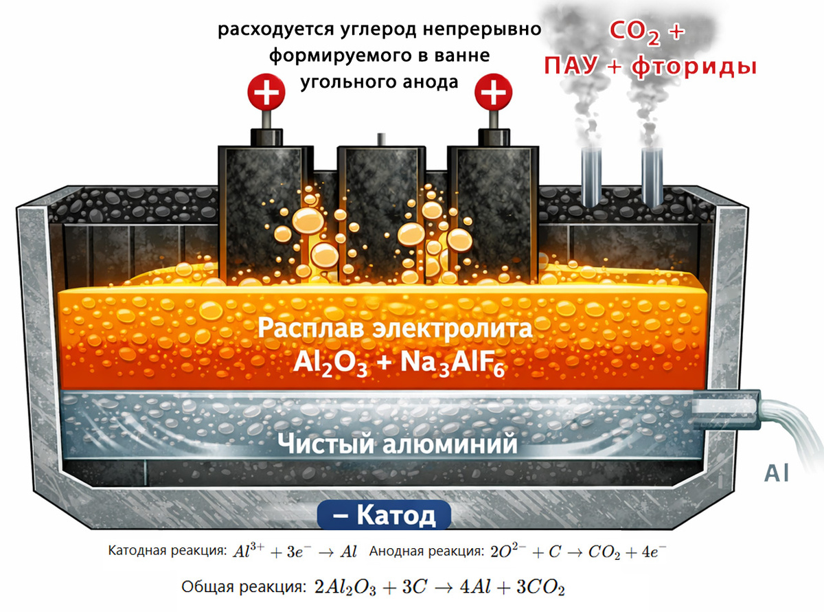     Принципиальная схема электролиза алюминия по Содербергу
