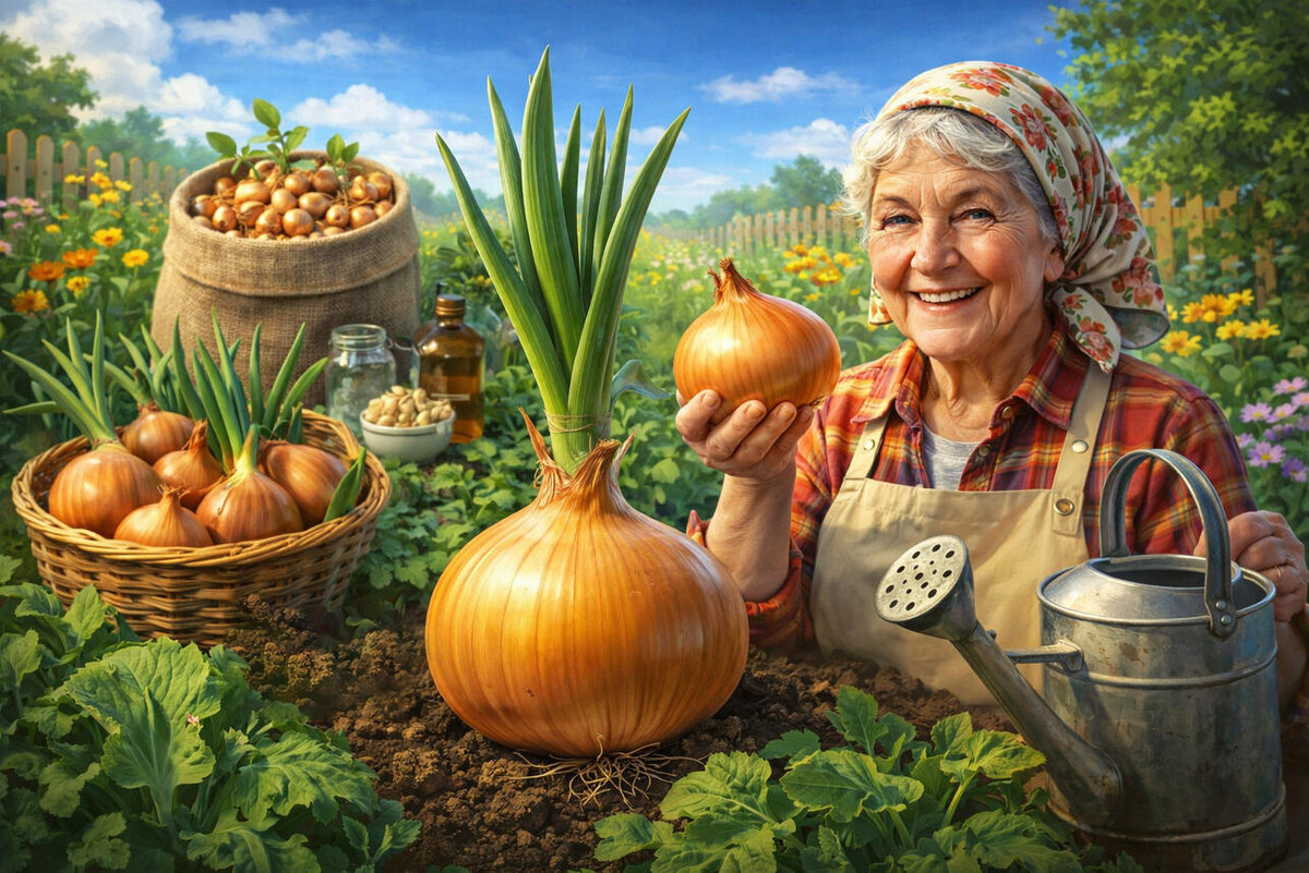    Как можно вырастить крупный лук Изображение сгенерировано с помощью ИИ. Коллаж