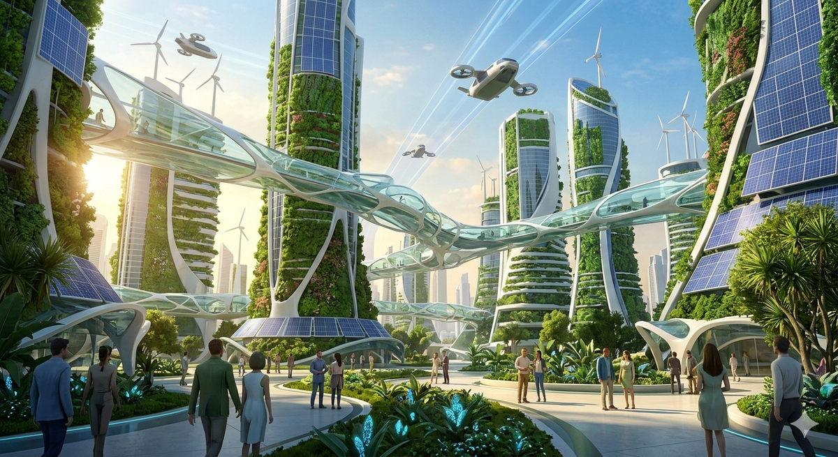 Изображение 1: Гармоничный мегаполис. Цветущий, футуристический город, где небоскребы покрыты вертикальными садами и соединены прозрачными органическими переходами. Транспорт исключительно электрический и беспилотный. Повсюду солнечные панели и ветряки, интегрированные в архитектуру. Люди одеты в "умные ткани" и отдыхают в парках с биолюминесцентными растениями.