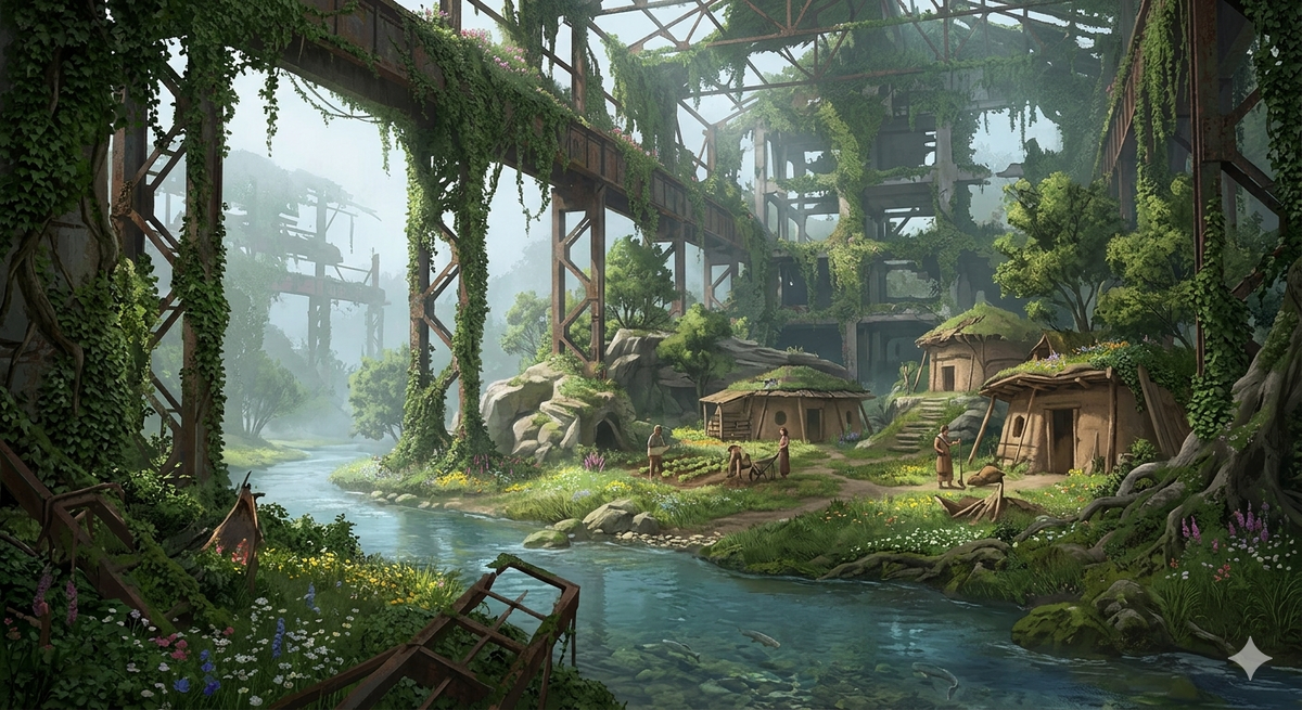 Изображение 2: Заброшенный индустриальный пейзаж.
Тихий ландшафт бывшего промышленного города, который был полностью поглощен природой. Древние, ржавые скелеты стальных и бетонных конструкций полностью заросли густым плющом, деревьями и дикими цветами. Небольшое сообщество людей живет в экологически чистых жилищах из земли и дерева среди руин, занимаясь органическим земледелием.