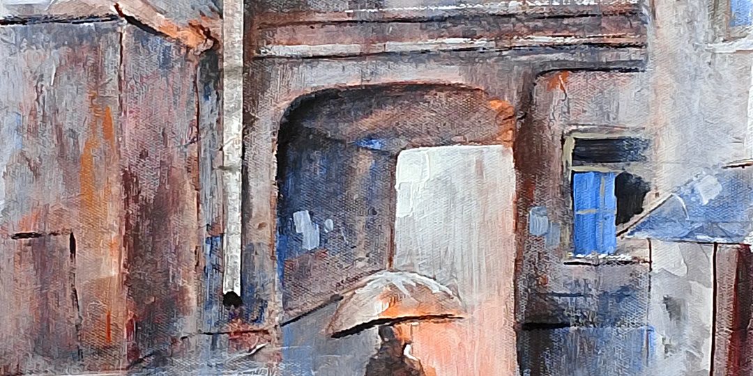 Силуэт во дворе. Картина художника