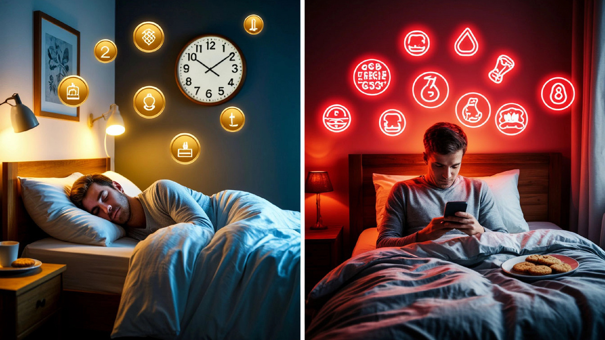 Слева — гормоны сытости и молодости работают на вас. Справа — голод, стресс и лишние сантиметры получают зелёный свет. Всё решает один час: во сколько вы ложитесь спать.
