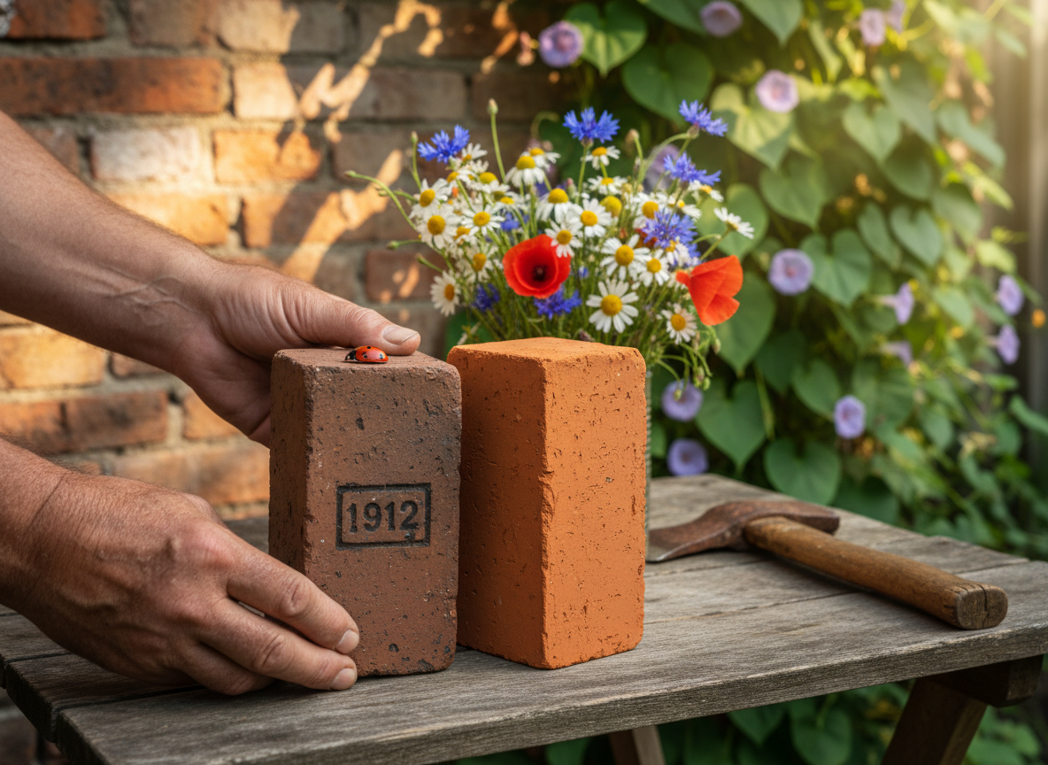 Старый кирпич с клеймом 1912 года и новый, с завода. Рядом — цветы, солнце, божья коровка. Какой выберете? Дед говорил: «Хороший кирпич — тот, что уже полежал». Я ему верю. 🧱☀️🐞
