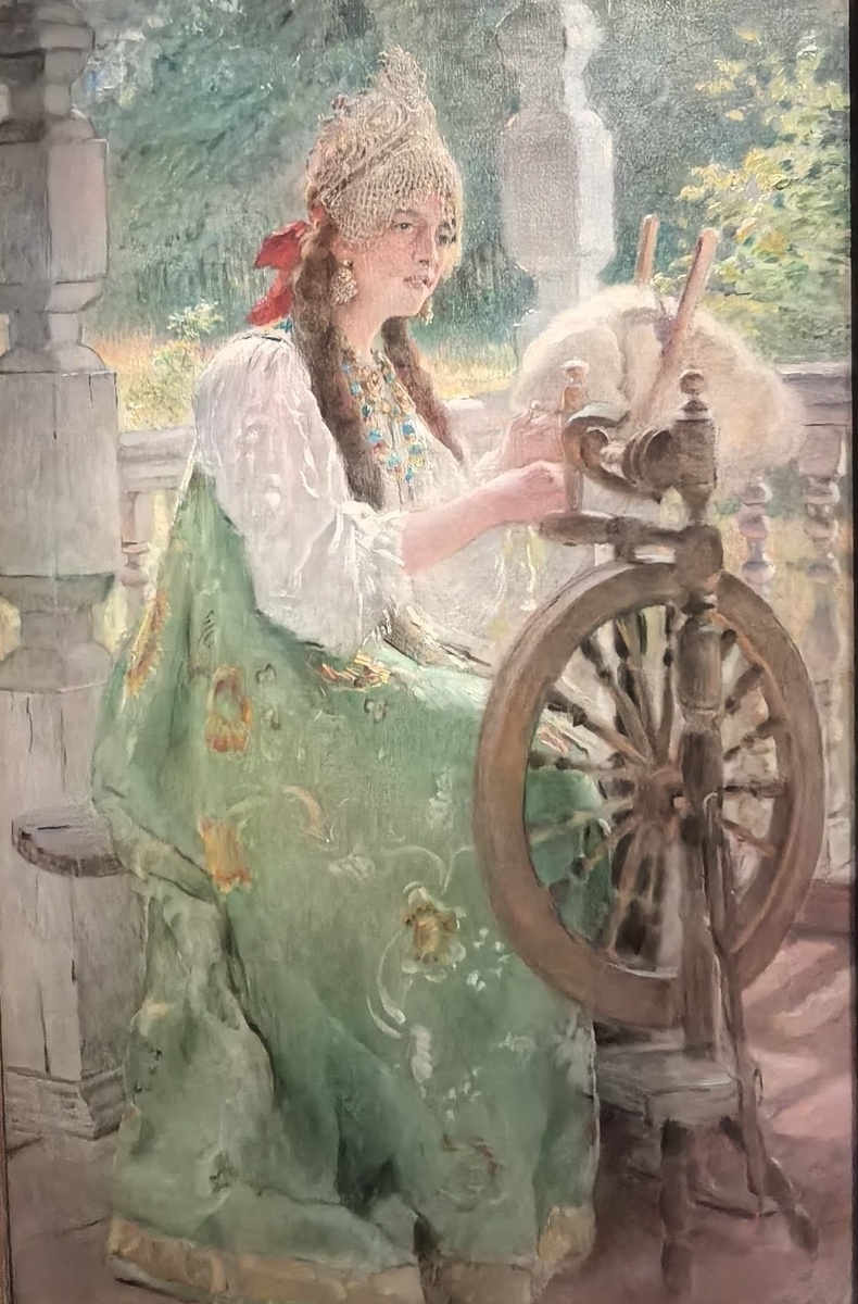 К.Е. Маковский. За прялкой. 1900-е. Холст. масло. ГТГ. Венец, лента, а почему две косы? 