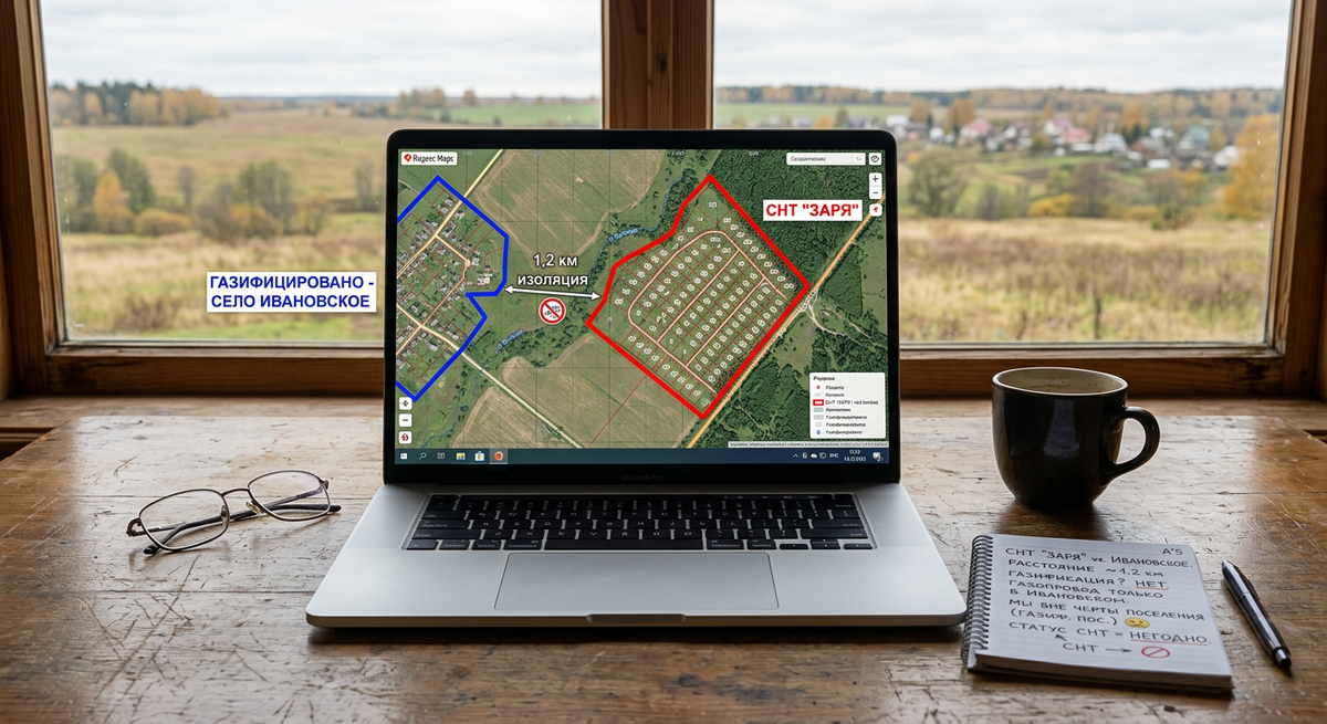 Кадастровая карта с дачным поселком, расположенным вне границ газифицированного населенного пункта.