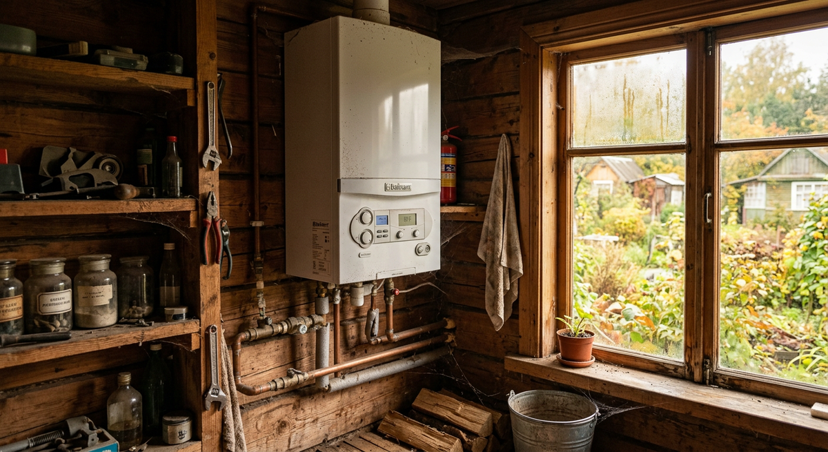 Газовый котел, установленный в дачном доме, но не подключенный из-за отказа в газификации.