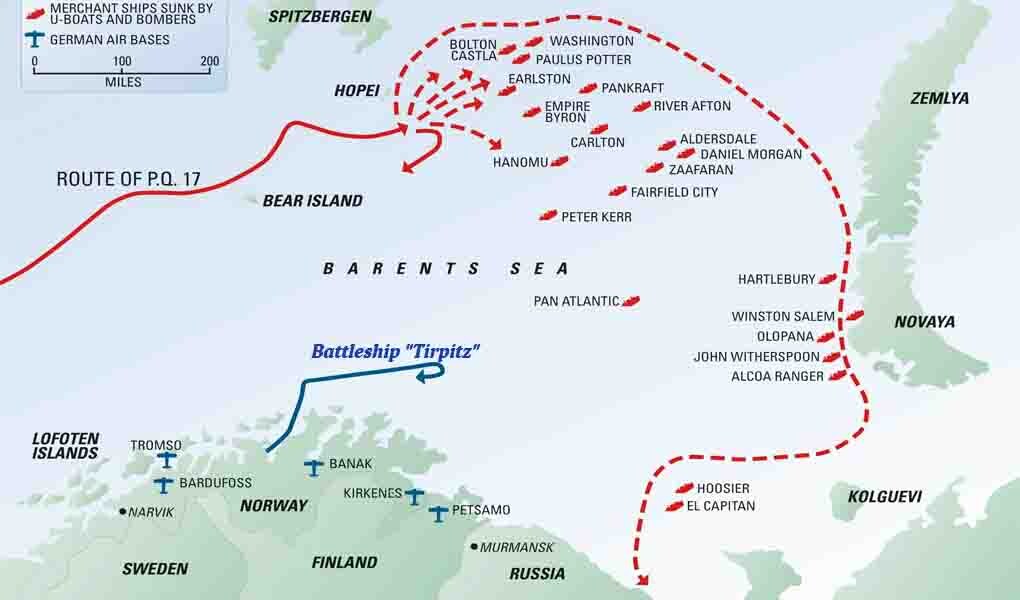 Карта движения конвоя PQ - 17