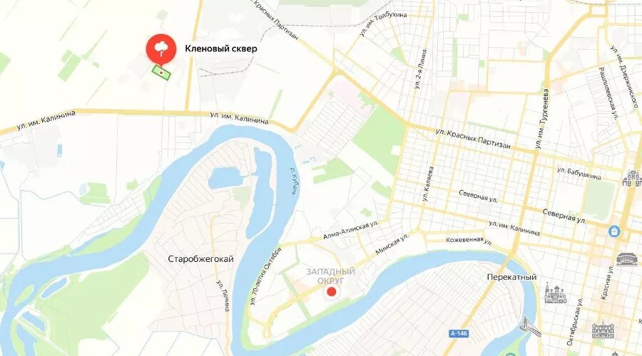     Сквер «Кленовый» на карте Краснодара Скриншот страницы сервиса «Яндекс Карты»