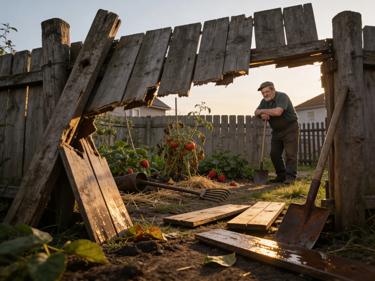 Даже крепкий забор не выдержит, если годами не глядеть. Ветер не виноват — виновата наша безалаберность. Договорились — и урожай, и сосед на месте 💨🤝