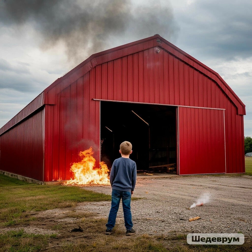 Мальчик поджигает ангар