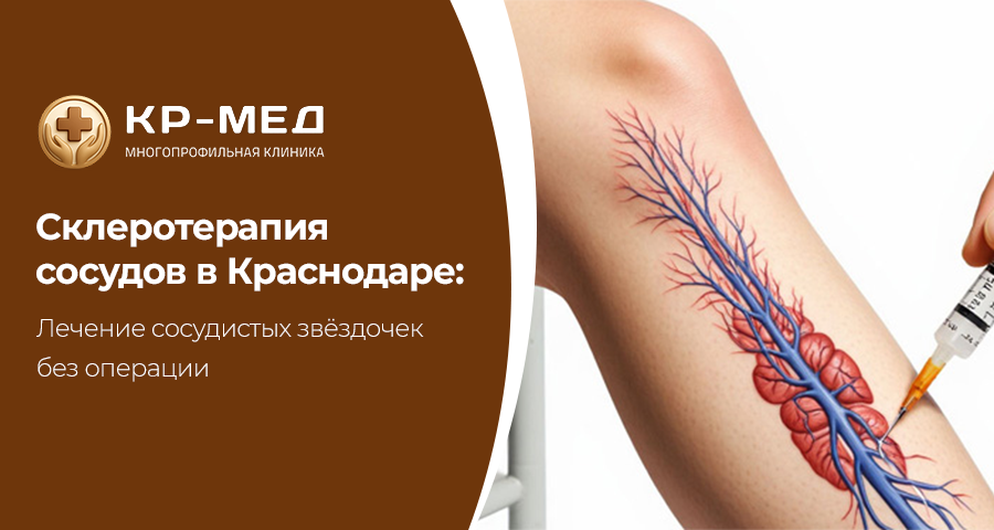Сосудистые звёздочки и расширенные поверхностные вены — не только косметическая проблема, но и возможный признак начальной стадии варикозной болезни нижних конечностей. В медицинском центре КР-Мед в Краснодаре проводится склеротерапия сосудов — современный малоинвазивный метод лечения.

Что такое склеротерапия?

Склеротерапия — это процедура, при которой в просвет поражённого сосуда вводится специальный препарат. Он вызывает склеивание стенок вены и её постепенное исчезновение. Кровоток перераспределяется по здоровым сосудам.

Метод применяется для лечения:
•	сосудистых звёздочек
•	ретикулярных вен
•	начальных форм варикоза нижних конечностей

Преимущества процедуры
•	отсутствие разрезов и швов
•	минимальная травматичность
•	хороший косметический эффект
•	короткий восстановительный период

Процедура проводится амбулаторно и занимает минимальное время. Уже через несколько дней пациент возвращается к привычному образу жизни.

В медицинском центре КР-Мед в Краснодаре перед склеротерапией обязательно проводится УЗИ вен нижних конечностей для определения состояния сосудистой системы.

Своевременное лечение варикозной болезни позволяет избежать прогрессирования заболевания и развития осложнений.

Запись
Адрес клиники: г. Краснодар, ул.Калинина, 125
Запись в клинику: +7 (900) 244-88-85
