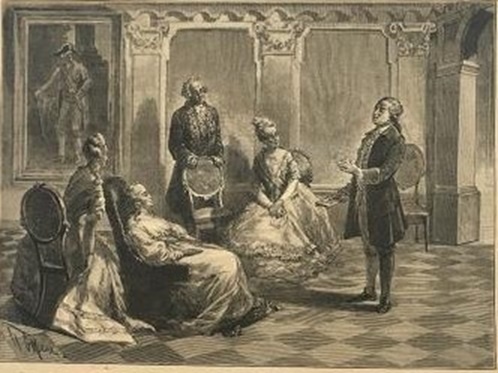 Екатерина II слушает чтение Д.И. Фонвизиным «Бригадира» в Петергофе. С гравюры П.Бореля