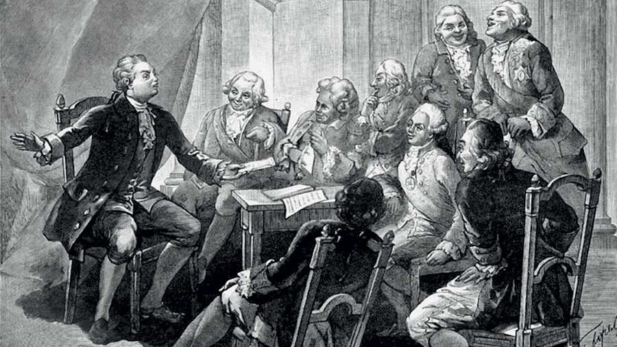 Д.И.Фонвизин читает комедию «Бригадир» в салоне цесаревича Павла Петровича. С гравюры П.Бореля