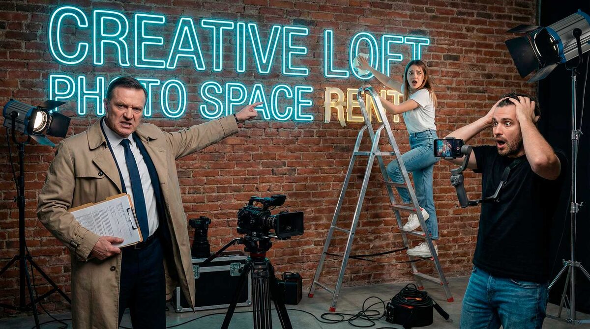 Ироничное изображение: строгая проверка срывает съемку в фотостудии из-за незаконной вывески на английском языке. Преимущества легальной аренды в Белой Студии.