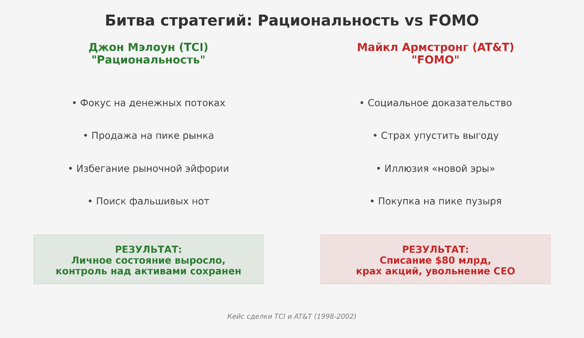 Инфографика сравнения стратегии Джона Мэлоуна и AT&T в сделке TCI
