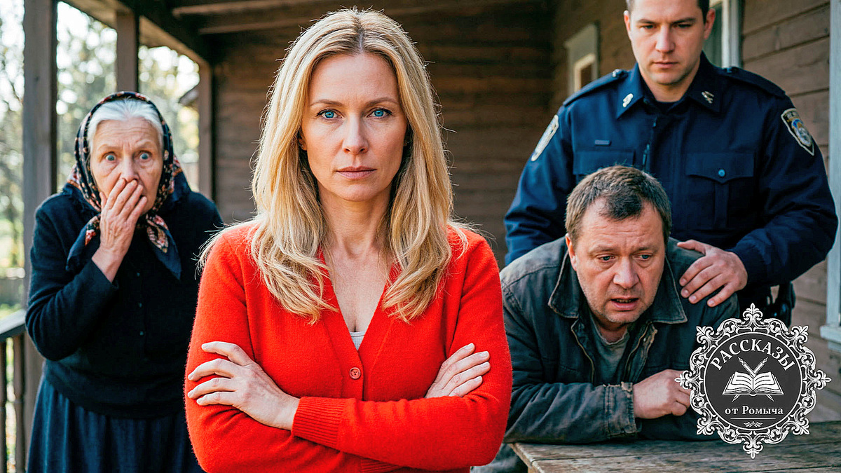 Женщина, светлый блонд, голубые глаза, в ярко-красном кардигане. Она стоит на деревянной веранде, сложив руки на груди с холодным, торжествующим выражением лица. Перед ней на коленях у стола сидит растерянный мужчина в дешевой куртке, за его спиной полицейский в штатском кладет руку ему на плечо. На заднем плане пожилая женщина в платке в ужасе прикрывает рот рукой. Фокус на лицах и контрасте между спокойствием женщины и крахом мужчины.