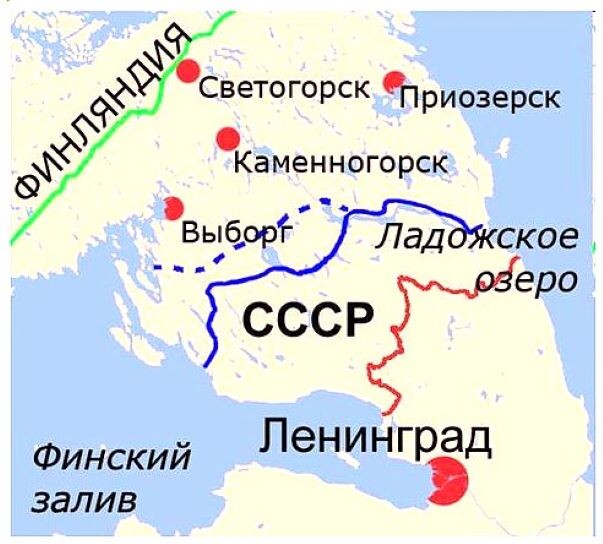 Красная линия – граница СССР до Советско-финской войны. Синяя линия – оборонная линия Маннергейма. Зеленая линия - граница СССР после Советско-финской войны.