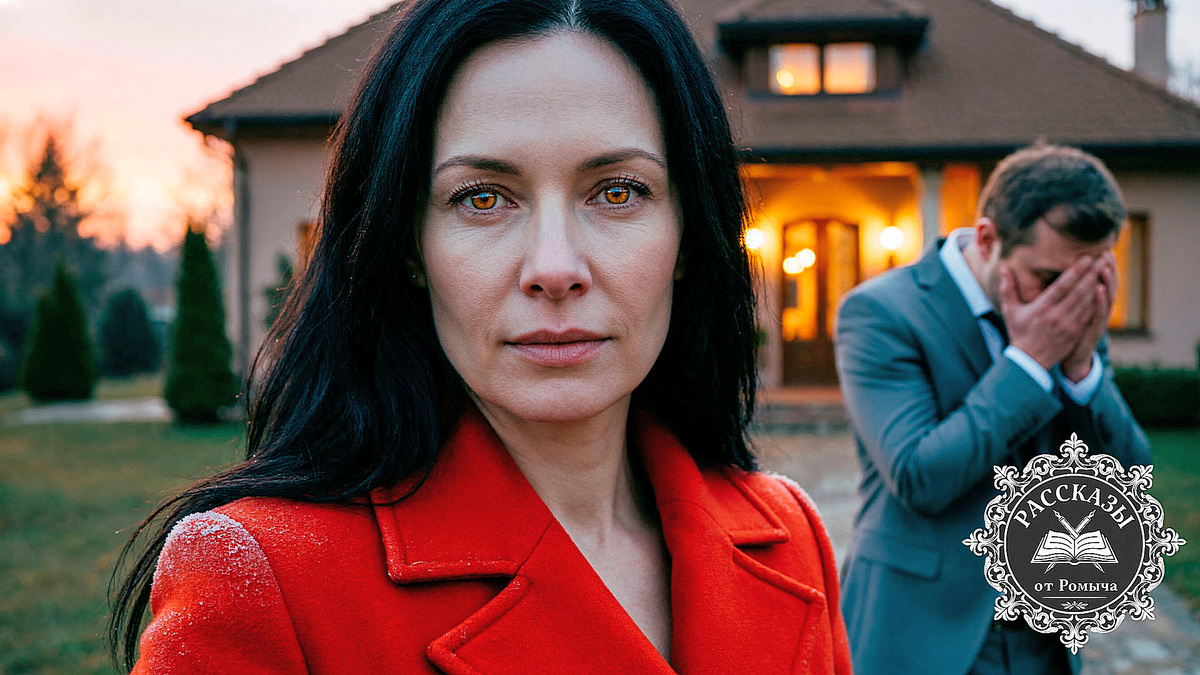 Женщина с янтарными глазами и черными волосами, одета в ярко-красное пальто. Она стоит на фоне вечерних огней загородного дома, на её лице читается спокойная уверенность и холодная решимость. На заднем плане, в расфокусе, мужчина в сером костюме в позе глубокого отчаяния.