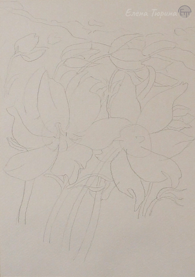 Художник: Елена Тюрина. Вертикальная композиция с желтеющим прострелом графитным карандашом. Размер: 29,7 х 21 см. 2023 г.