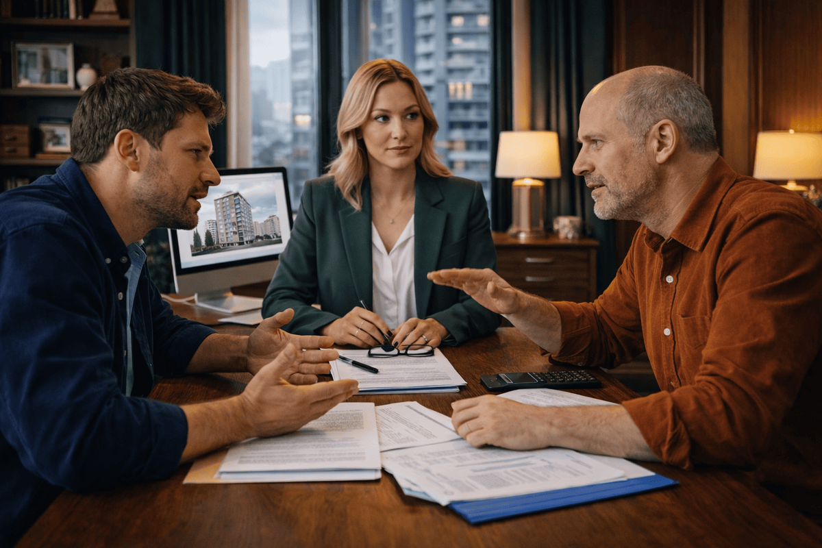 Покупатель и продавец обсуждают цену квартиры за столом во время переговоров о сделке