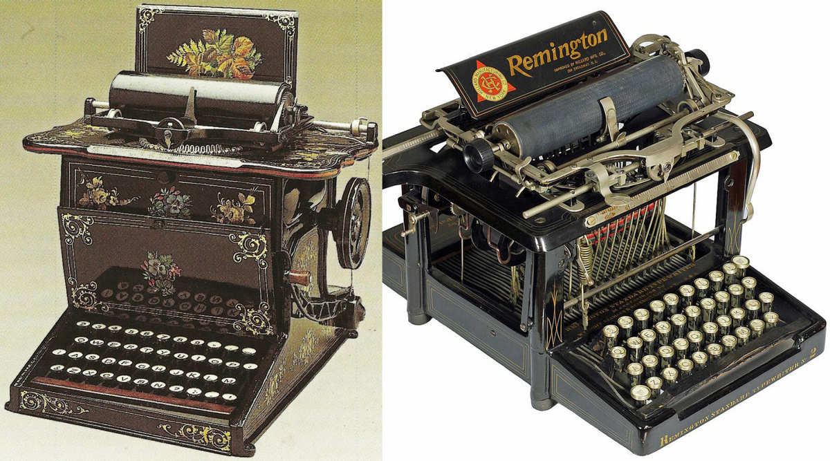 Компания E. Remington & Sons изначально была известна как производитель огнестрельного оружия, а после Гражданской войны в США начала выпускать швейные машинки. Именно поэтому первые пишущие машинки Remington 1874 года внешне сильно напоминали швейные — их тоже богато украшали цветочными узорами и ставили на изящные подставки.