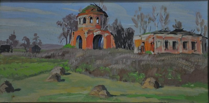 Крылов Борис Ильич (1931-2018). Село Гагино. Храм, в котором венчался Ф. И. Шаляпин. 1988 год. Справа - развалины Спасской церкви, слева - Казанской.