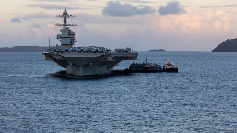    January 25, 2026, St Thomas, U.S. Virgin Islands, USA: The aircraft carrier USS Gerald R. Ford (CVN-78), loaded with fighter jets and other aircraft, is anchored off St. Thomas in the U.S. Virgin Islands during its deployment under U.S. Southern Command. (Credit Image: © Christopher Drost/SHIFT digital via ZUMA Press Wire)