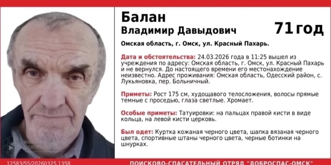 В Омске ищут 71-летнего Владимира Балана, пропавшего 24 марта