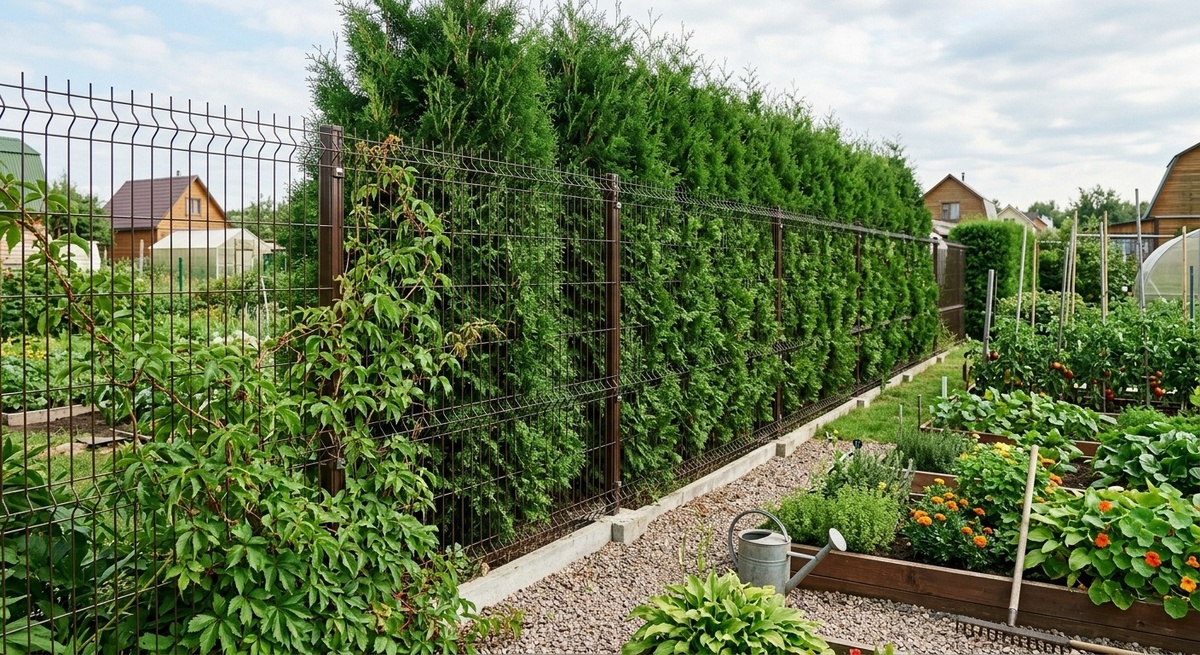 Живая изгородь из туи и сетки по меже участка в СНТ для обеспечения приватности.