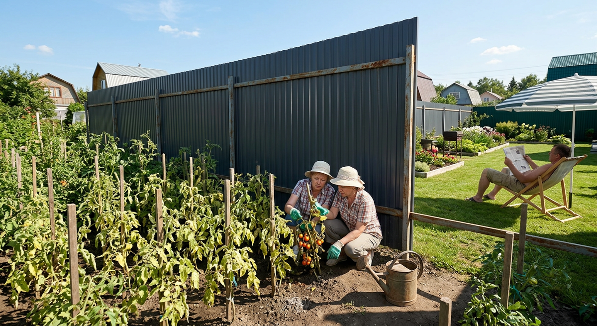 Глухой забор из профнастила, нарушающий инсоляцию на соседнем участке в СНТ.