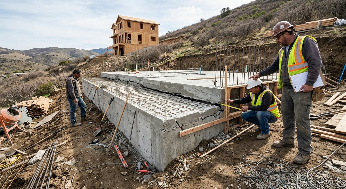 Забитый фундамент с заметным перепадом высоты в углах на склоне.