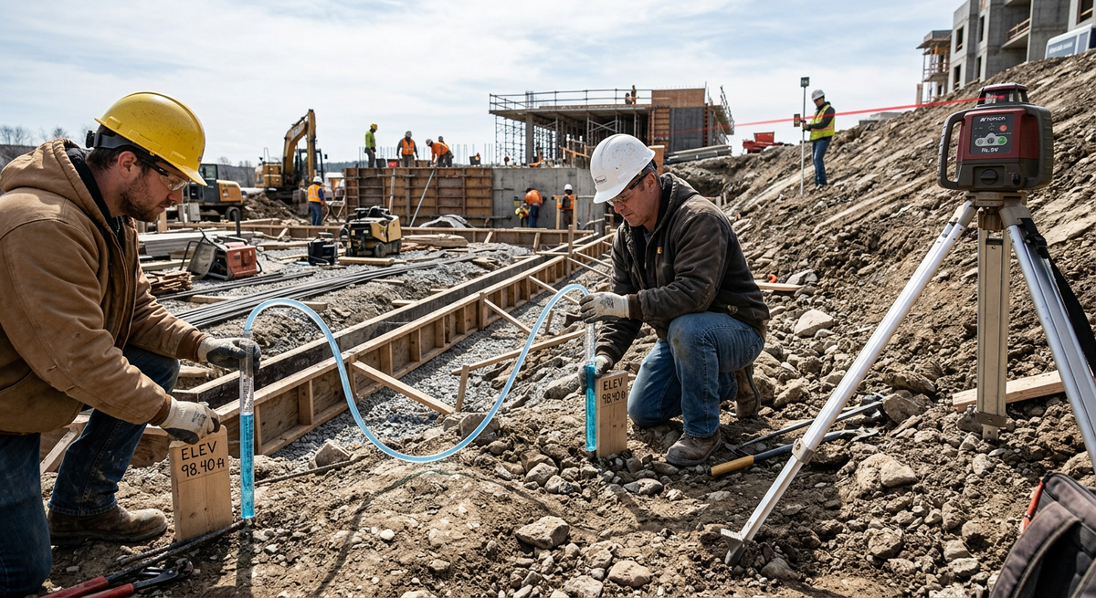 Сравнение инструментов: гидроуровень с водяными колбами и лазерный нивелир с лучом на стройплощадке.