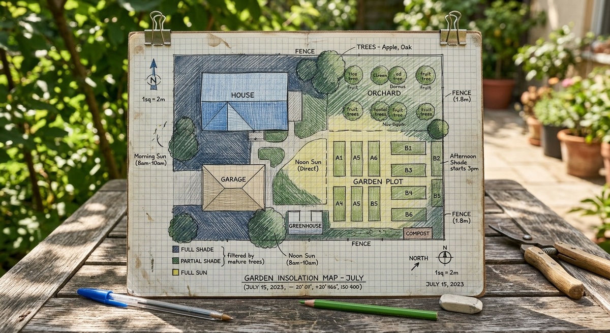 Схема инсоляционной карты дачного участка с зонами тени и солнца.