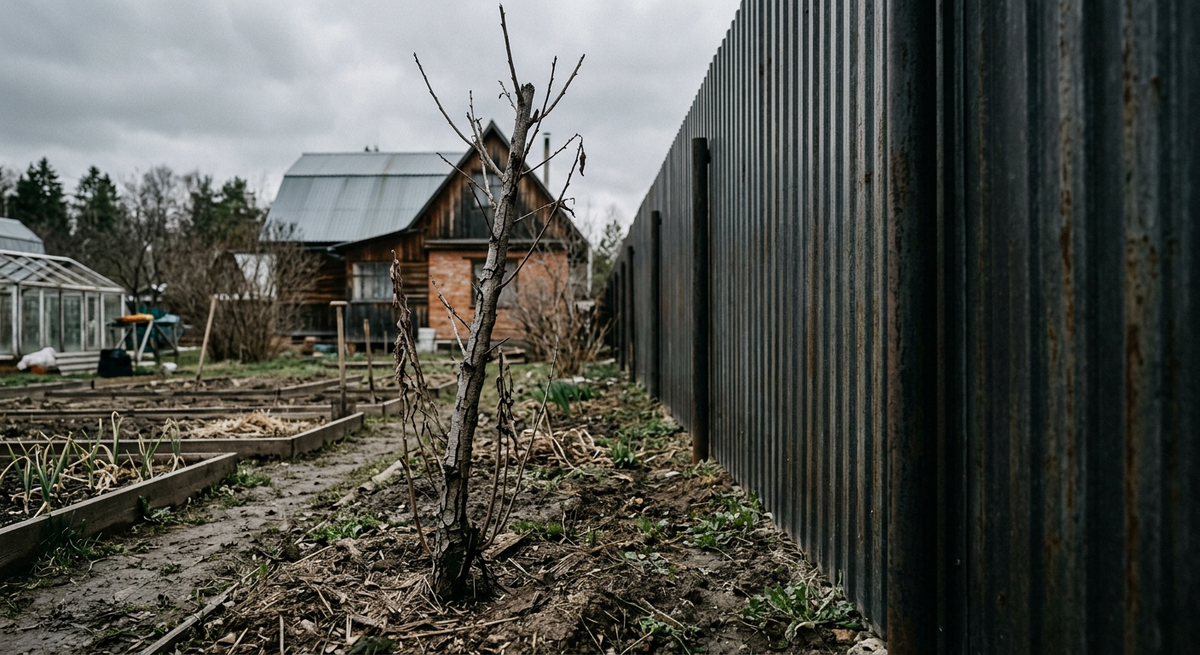 Мертвое дерево абрикоса у забора, показывающее проблему нехватки света.