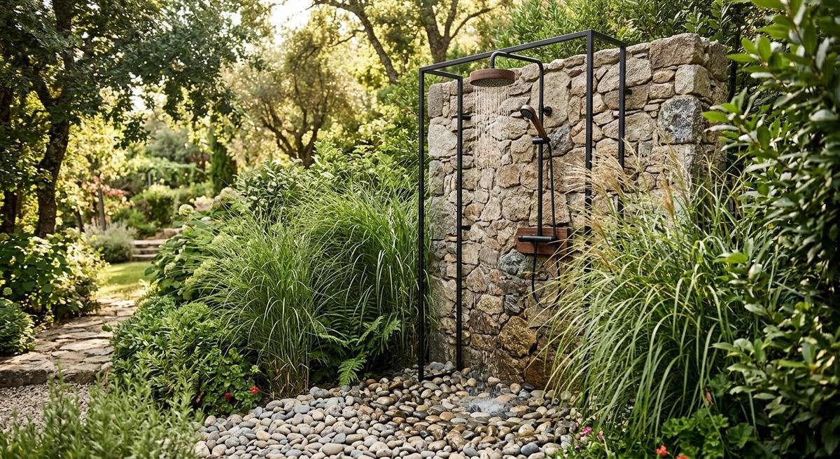 Стильный уличный душ, интегрированный в природный ландшафт с зелеными экранами из декоративных злаков и каменной стенкой