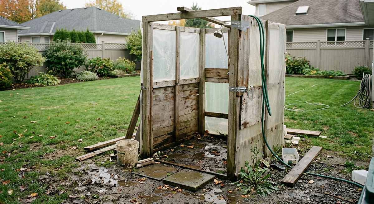 Уродливый пластиковый садовый душ с лужей и плесенью вокруг, иллюстрирующий типичные ошибки дачников