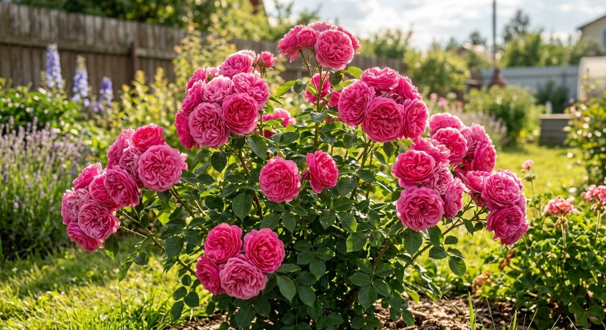 Куст розы сорта Леонардо да Винчи в полном цвету в саду Подмосковья