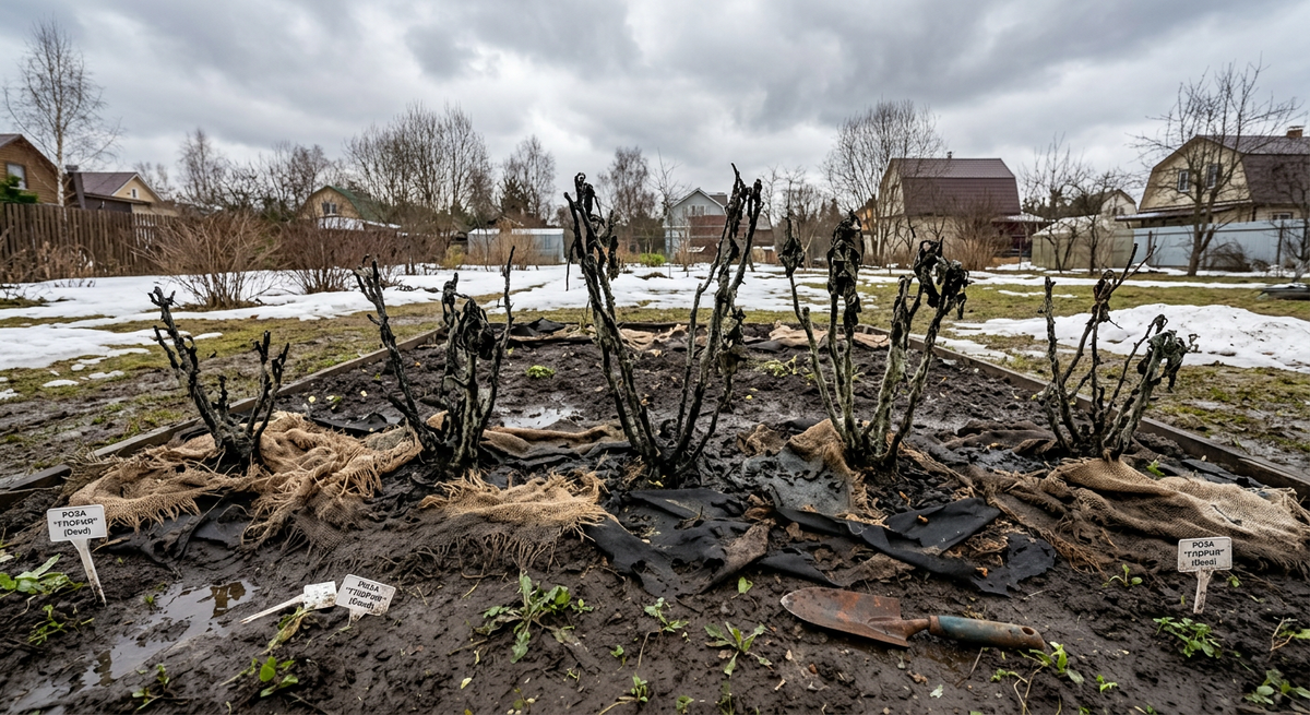 Почерневшие пеньки роз после неудачной зимовки в Подмосковье