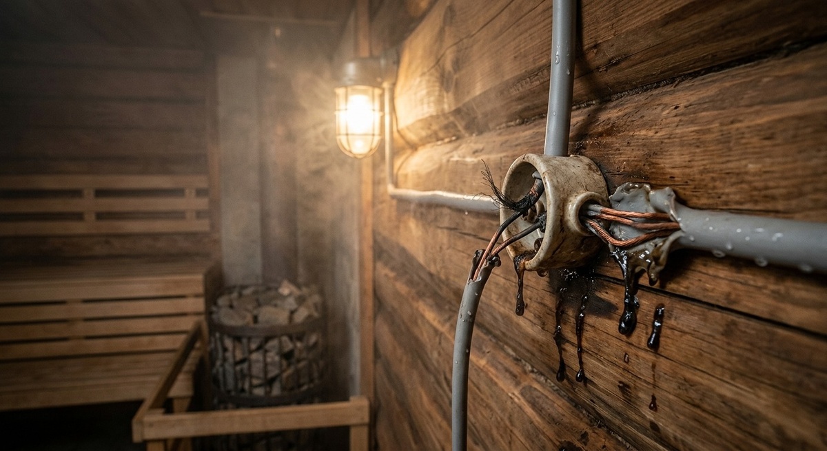 Расплавленный электрический кабель в жаркой парной бани, демонстрирующий опасность использования обычной проводки