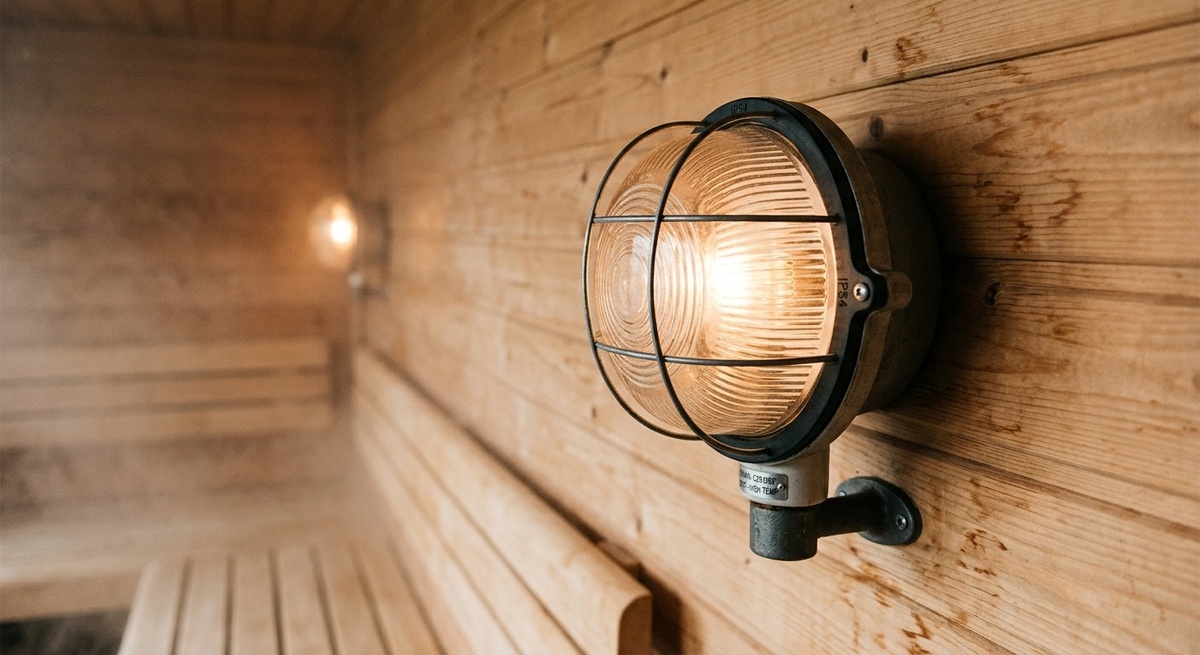 Термостойкий светильник с керамическим патроном, установленный на стене парной бани