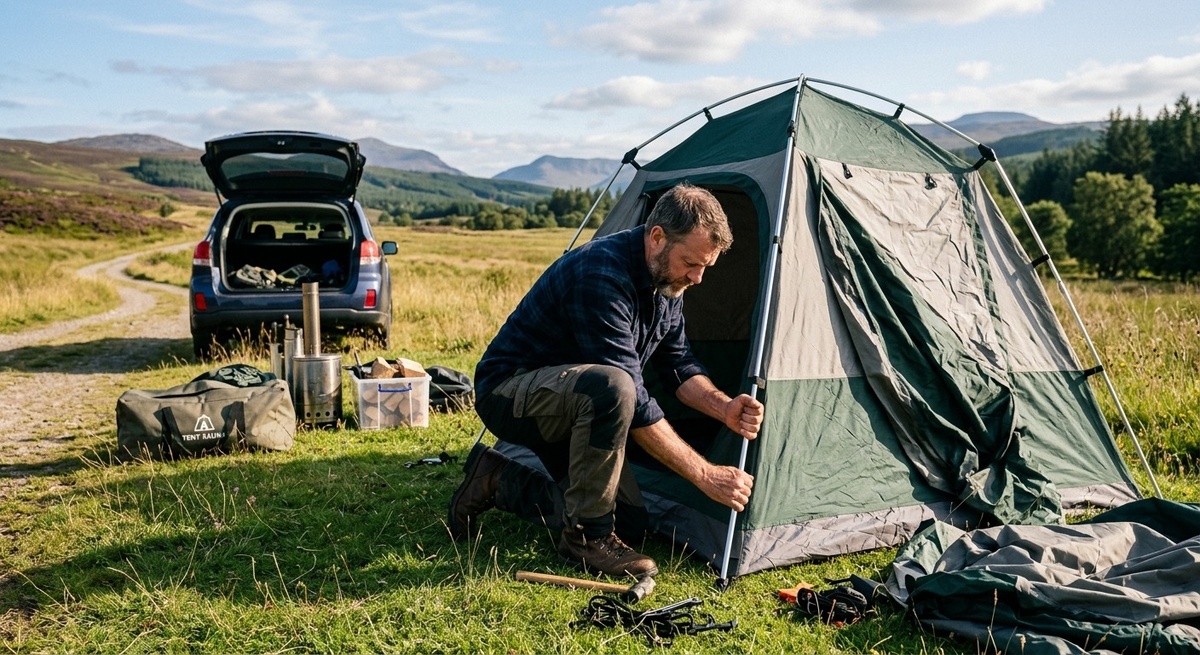 Сборка мобильной палатки-бани на пустом дачном участке: мужчина устанавливает дуги и натягивает тент.