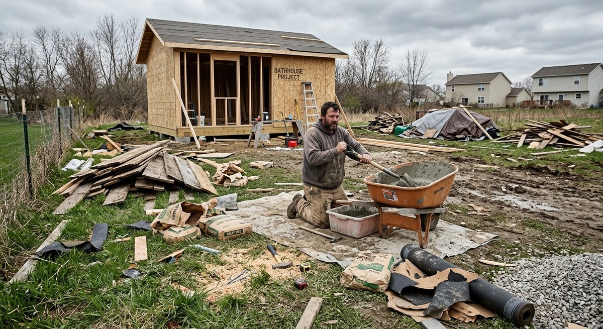 Хаос на дачном участке во время строительства дешевой бани: разбросанные материалы, грязь и усталый рабочий.