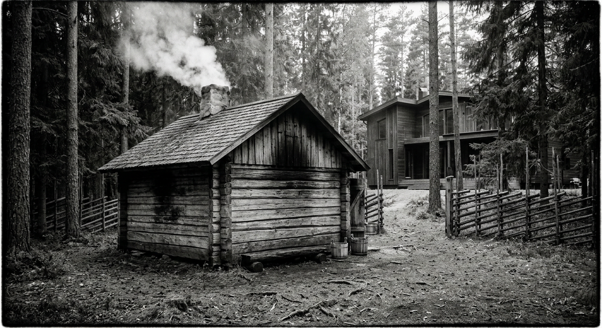 Традиционная русская баня по-черному с дымом из трубы, окутанная стереотипами о копоти и опасности.