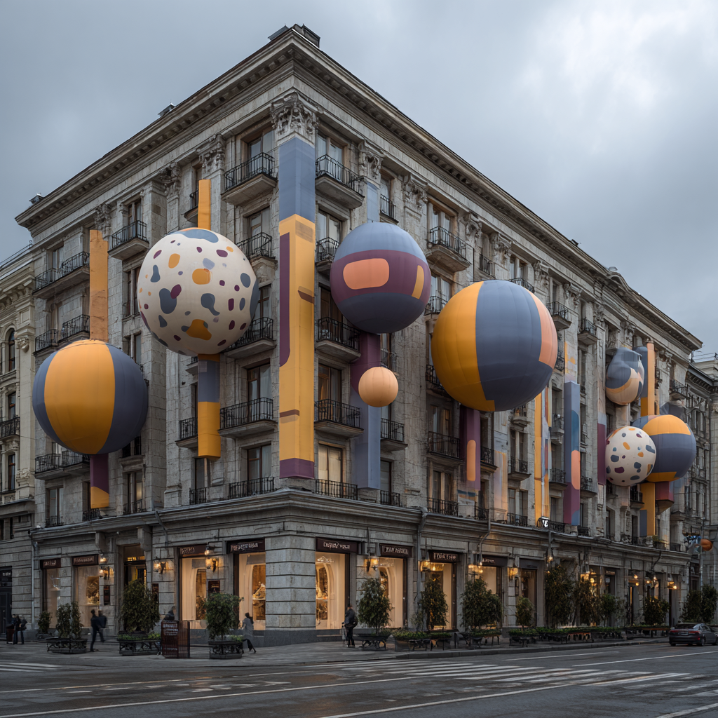 Фасад оживает как ярмарочный терем, связывая традицию и современность, создавая праздничное настроение и сильный визуальный акцент. Здание превращается в современную арт-инсталляцию международного уровня, где строгая сталинская архитектура вступает в диалог с лёгкими абстрактными формами.