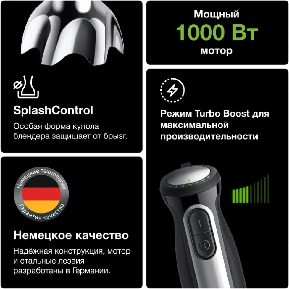 На скриншоте — ключевые особенности Braun MQ55236MBK: SplashControl, турборежим, мощность 1000 Вт и немецкое качество сборки. Всё это не просто слова на коробке, а реальные функции, которые работают. Особенно радует защита от брызг — после трёх предыдущих блендеров я уже привык отмывать стены, а тут кухня остаётся чистой.