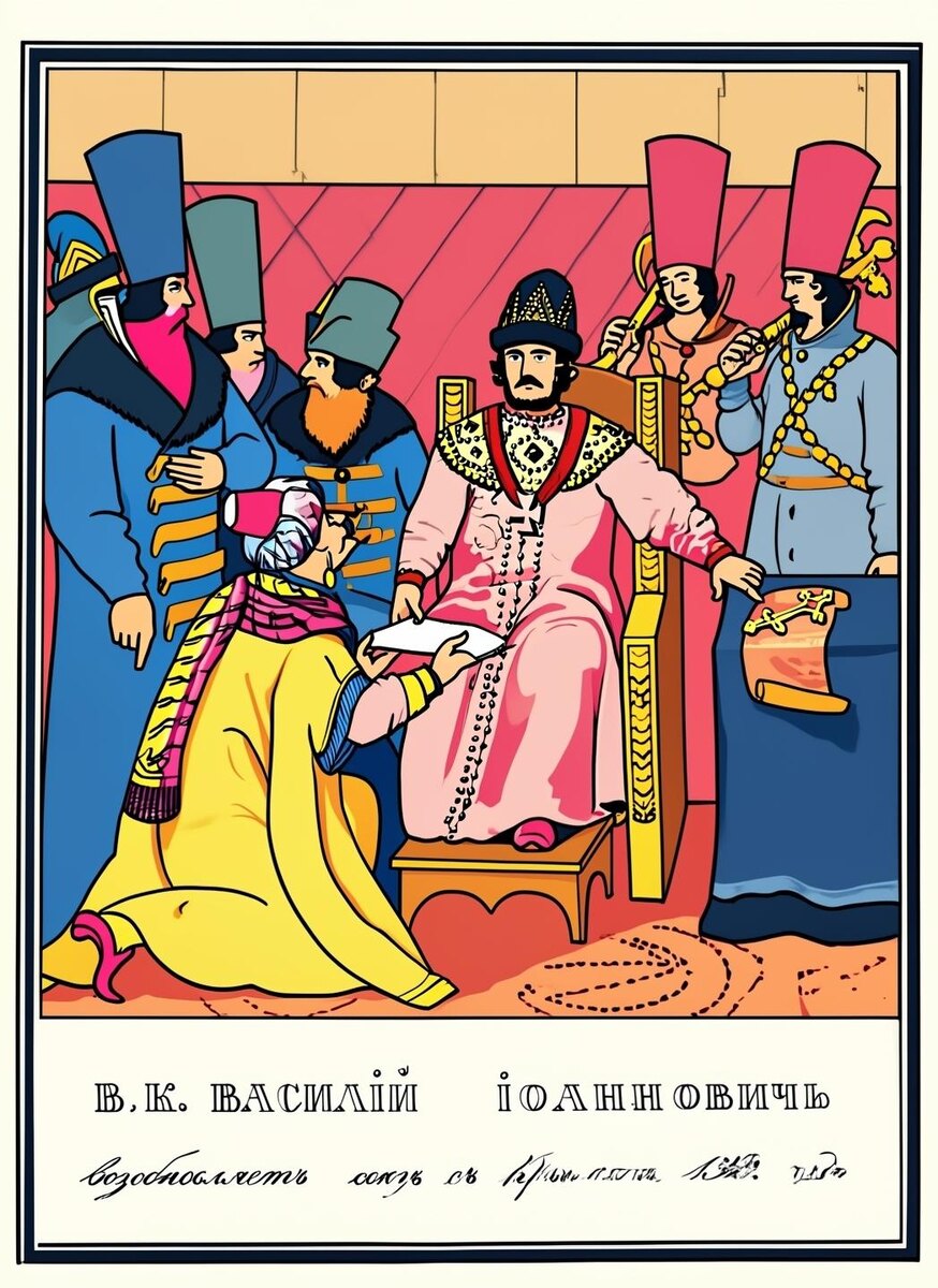 “Василий III Иванович возобновляет союз с Крымом, 1519 г.” Б. Чориков - фото переделано ИИ в стиле мультфильма